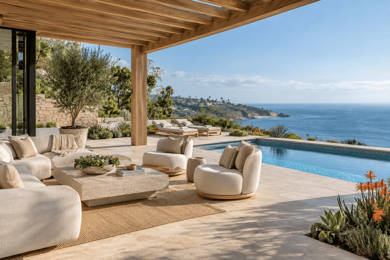 Architectural concept of a sunlit terrace beside the coast