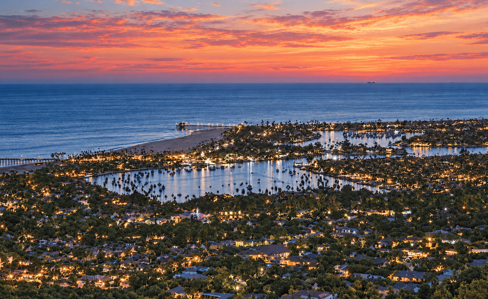 Luminous twilight over a coastal harbor